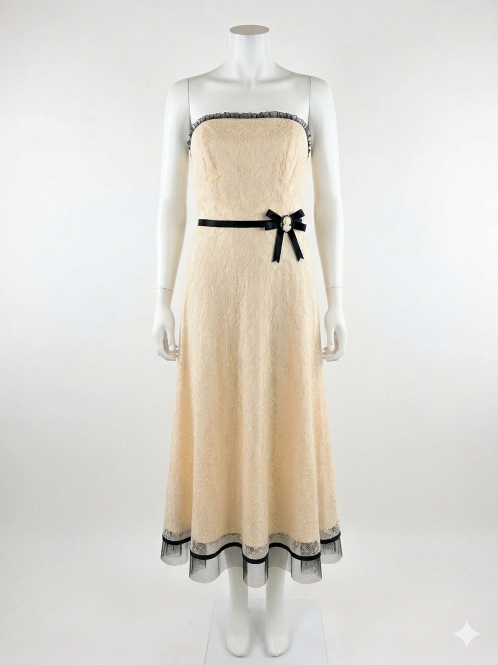 Vintage Charlotte Russe Cream Strapless Maxi Dress Black Bow | Size 13 | Y2K
